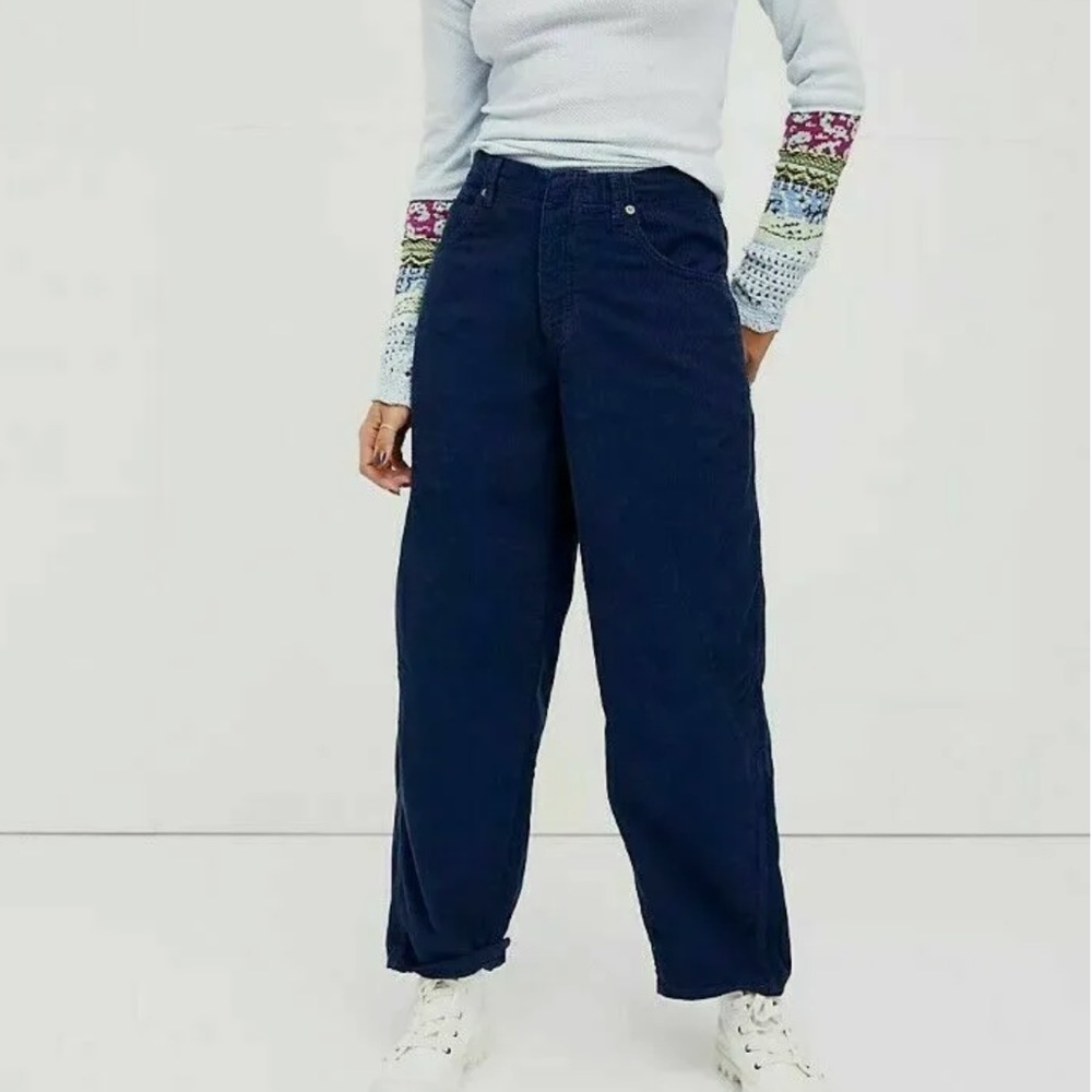 Free People Martha Mid Rise Cord Barrel Jeans Navy Blue